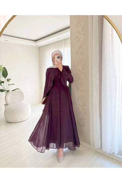 Mava Lady Kadın Bordo Pelerin Kollu Düğme Detaylı Uzun Abiye Elbise