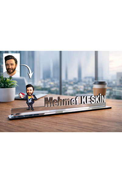 MK Sanart Fotoğraftan Kişiye Özel Emlakçı Karikatürlü Masaüstü İsimlik Babala...