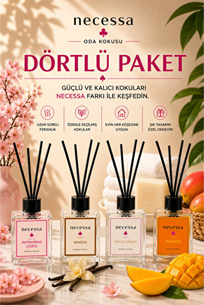 NECESSA DÖRTLÜ ÇUBUKLU ODA KOKUSU SETİ 100 ml JAPON KİRAZ ÇİÇEĞİ VANİLYA BEYA...