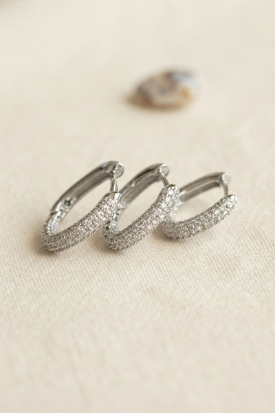 Mega Bazaar Set of 3 Silver Color Zircon Stone Square Hoop Earrings