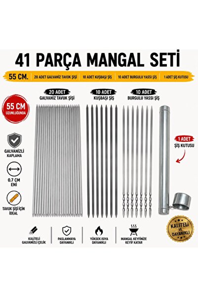 YILMAZNARGİLE 41 Parça Mangal Seti - Tavuk şişi Galvaniz 20 Adet - Kuşbaşı Şi...