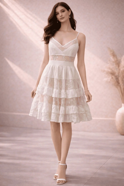 2TRENDY Women's White Lace Mini Dress Thin Straps Dress