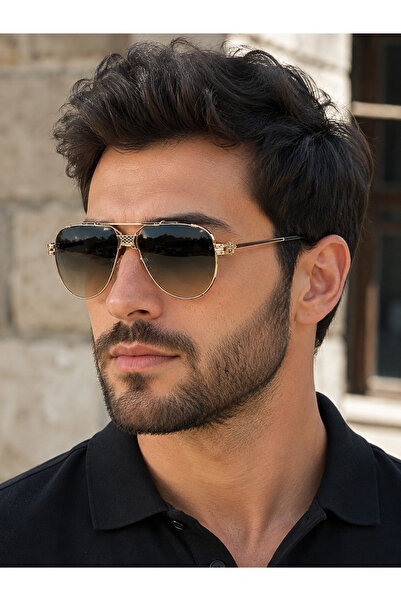Bymiel Unisex Gold Metal Frame Gradient Brown Glass Pilot Sunglasses Uv400