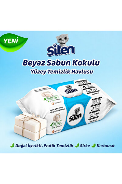 Silen 1 PAKET Yüzey Temizleme Mendili 100'lü Beyaz Sabun Kokulu
