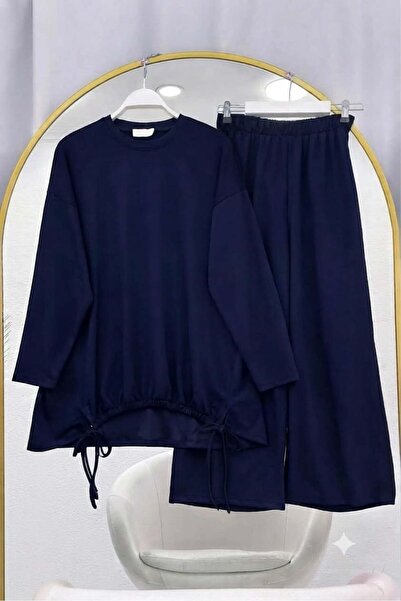 modasindoma Drawstring Detailed Trousers and Double Suit Set in Navy Blue