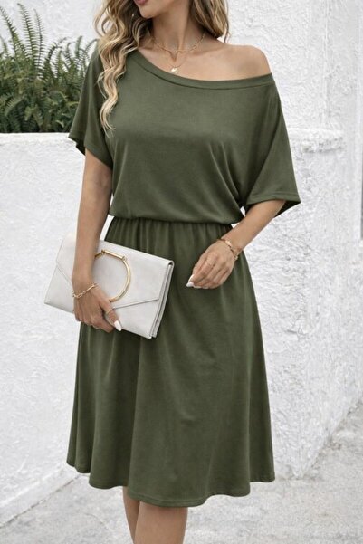 Generic Brand Women's Short Sleeve Off-The-Shoulder Kiloş Midi Viscose Dress