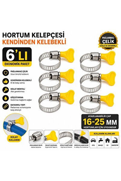 Neler Geldi Neler Hortum Kelepçesi 6'lı (Plastik Kelebek Bağlantılı) Paslanmaz Çelik Metal Hortum Kelepçesi 16-25 mm A