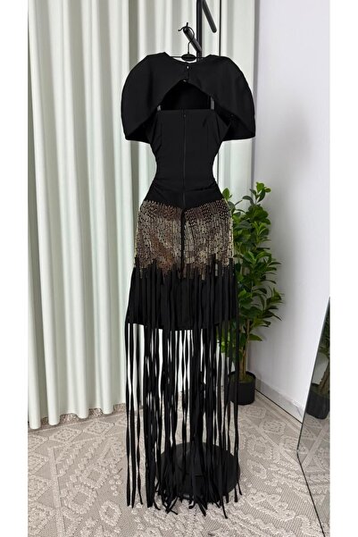 ranin Luxury Black Evening Gown "Barbie" Pattern with Gold and Sequin Hand Em...