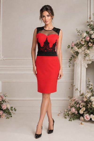 OEM Rochie de ocazie, rosie, masuri mari, cu decolteu la baza gatului