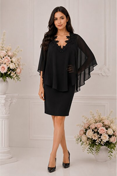 OEM Rochie rafinata, eleganta, cu aspect de costum cu voal, neagra