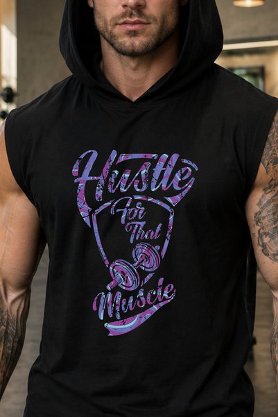 BESSA Black Hustle Purple Printed Standard Fit Hooded Sports Athlete Cotton Fabric Sleeveless Men's Athlete Tshirt