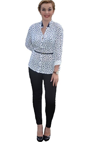 OEM Bluza fashion tip camasa alba cu imprimeu bleumarin cu curea