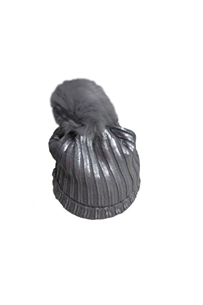 OEM Caciula trendy, gri, cu pompon din blanita si design lucios