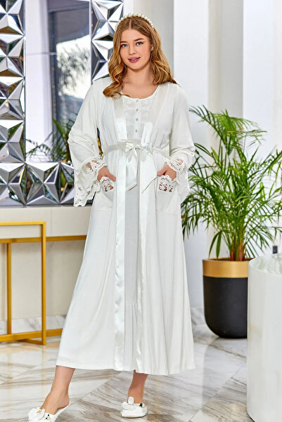 Cossy By Aqua Lace Detailed Long Dressing Gown Cossybyaqua 23622-2(40-42) - C...