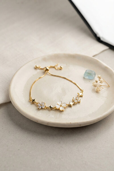 OGHAMAY Gold Color Zircon Stone Brass Pearlescent Clover Model Elevator Bracelet