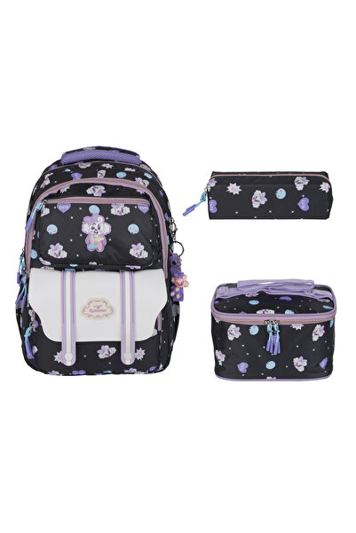 ERDEM KIDS Relaxion 1380 Korean Style Black Lilac Patterned Girls' Primary Sc...
