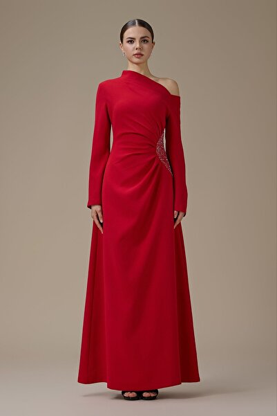 led style Off Shoulder Maxi Evening Dress with Glittering Waist Detail