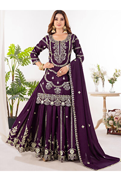 MYSMAR Purple Chinnon Silk Top Bottom & Dupatta - HRT7004 | Purple-Size:M-38-...