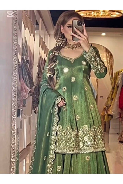 MYSMAR Green Chinnon Silk Lehenga Saree Set - HRT7236 | Green-Size:M-38-Inches