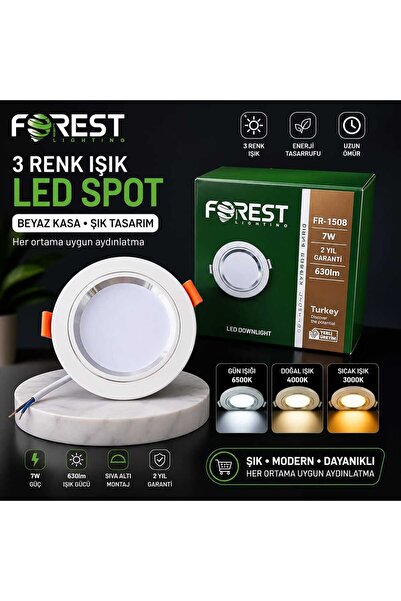 Forest Lighting 3 Renk Bir Arada LED Spot Lamba - 7W Enerji Tasarruflu, Şık B...