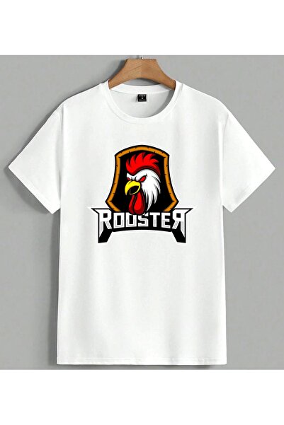 ELFERA Rooster Logo Red Rooster Printed Unisex Oversize T-Shirt White