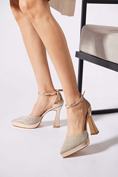Moda Pie Likano Pointed Platform Women's Evening Dress Heeled Shoes Gold Glitter