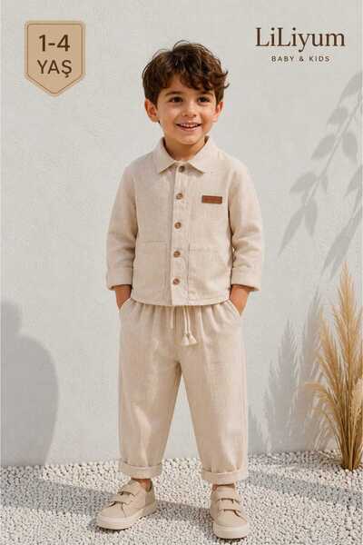 LİLİYUM 1-4 Years Boys' Linen Look Shirt and Pants Set - Stylish and Comforta...
