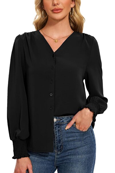 OEM Bluză de Damă Cămașă din Șifon Elegantă Mânecă Lungă Casual Neagră XXL