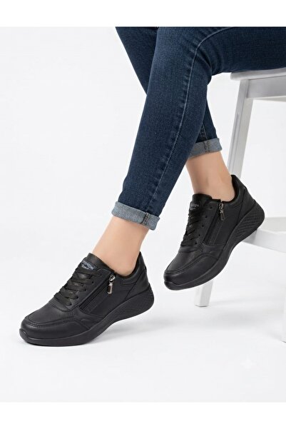 McDark Kadın Fermuarlı Ve Bağcıklı Sararmaz Taban Sneaker Ayakkabı-Siyah