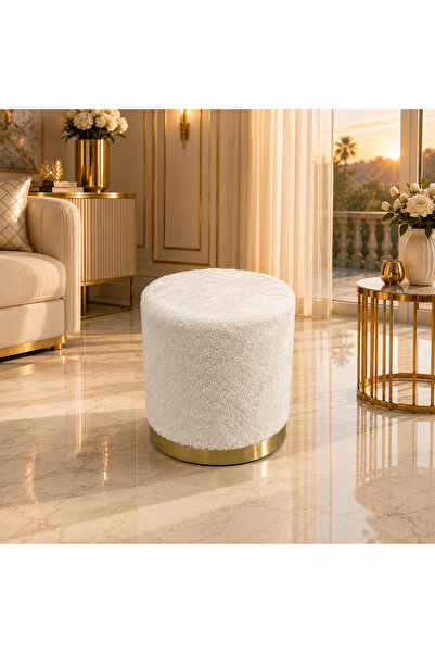 Kırçova Tekstil Gold Şeritli Peluş Silindir Puf | Dekoratif Makyaj Masası, Sa...