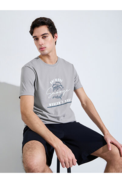 Styli Men Grey Printed T-Shirt and Black Solid Shorts Set