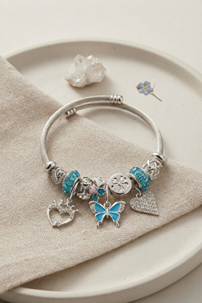 evimdeyokyok Silver Color Bracelet with Blue and Heart Charms Tj-Bb8781