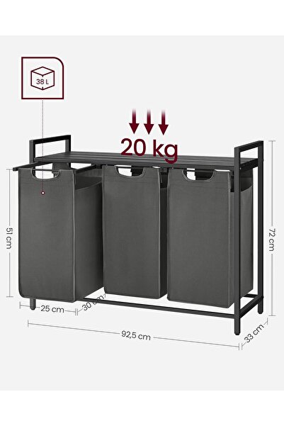 OEM Coș de Rufe cu 3 Compartimente și Raft Superior,3x38L, 93x33x72 cm, Saci ...