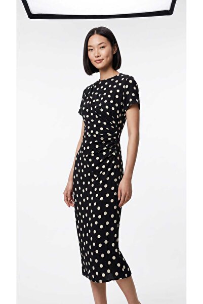 BLUSS Women's Polka Dot Draped Midi Dress with Ruffle Detail, Crew Neck, Wrin...