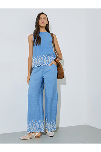 Styli Blue Cotton Embroidered Wide Leg Pants
