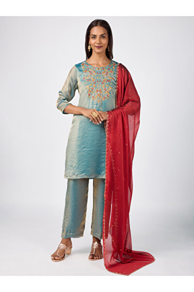 Silver Lime By Styli Blue Round Neck Embroidered Short Kurta, Pants and Dupat...