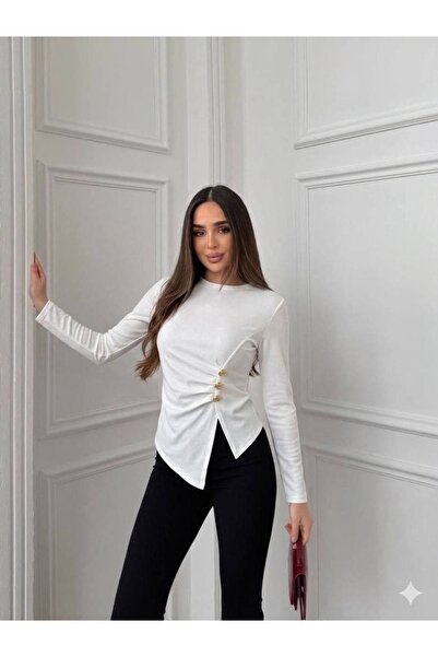 ELAY Fashion بلوزة نسائية غير متماثلة مزينة بأزرار