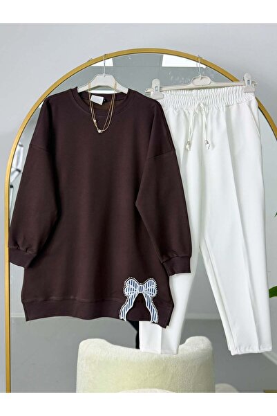 modasindoma Ribbon Embroidered Hijab Tunic and Pants Set Brown