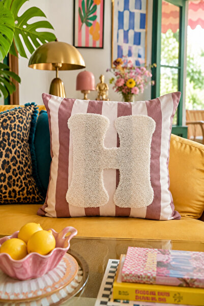 Pilloveland Punch Embroidered Throw Pillow Cover - 43*43 cm - Mocha Letter H ...