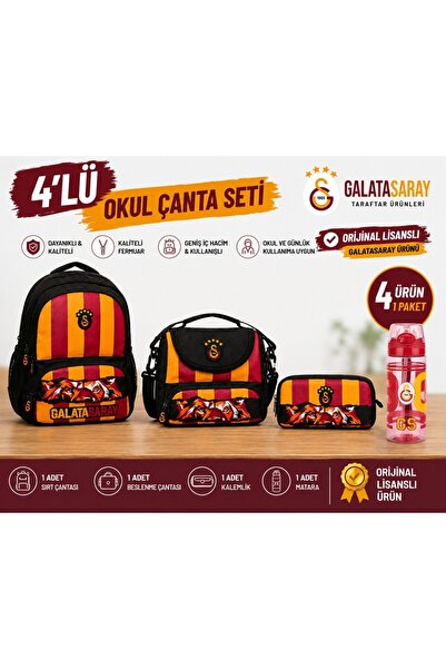 Galatasaray Lisanslı 4 Bölmeli Okul Çantası 26568+ Beslenme Çantası 26570+ Ka...