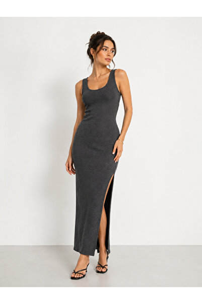 buğlem collection Kadın Premium Kaşkorse Antrasit U Yaka Yırtmaçlı Bodycon El...