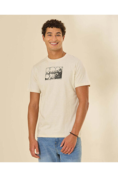 REDTAG Men Cream Printed Basic Graphic T-Shirt