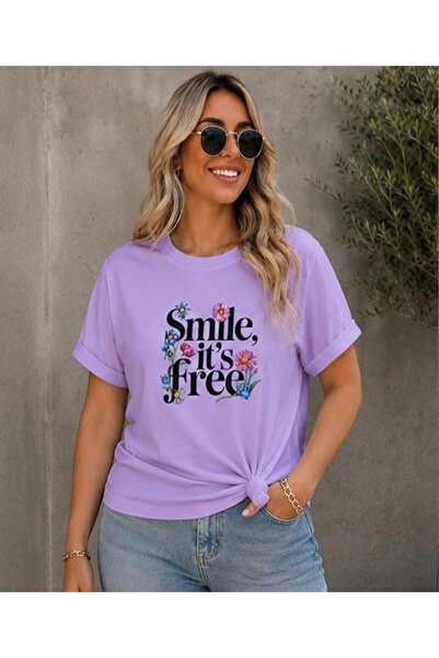3S MODA تي شيرت نسائي كبير الحجم مطبوع عليه طباعة رقمية من Basic Smile