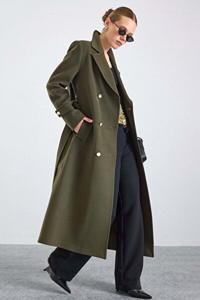 Olcay Metal Buttoned Double-Breasted Long Coat Khaki 3167