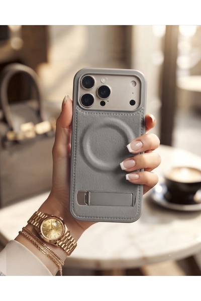 KILIF HOUSE Iphone 16 Pro Uyumlu Metal Katlanabilir Standlı Deri Kaplama Mags...
