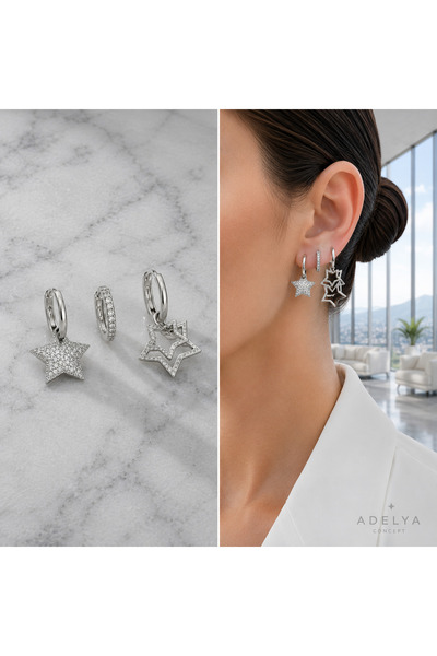 ADELYA CONCEPT 3-Piece Silver Color Star Detailed Charm Zircon Stone Earrings