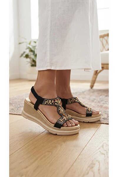 De Scario 1060 Ethnic Embroidered Beaded and Stone High Heel Sandals with Ela...