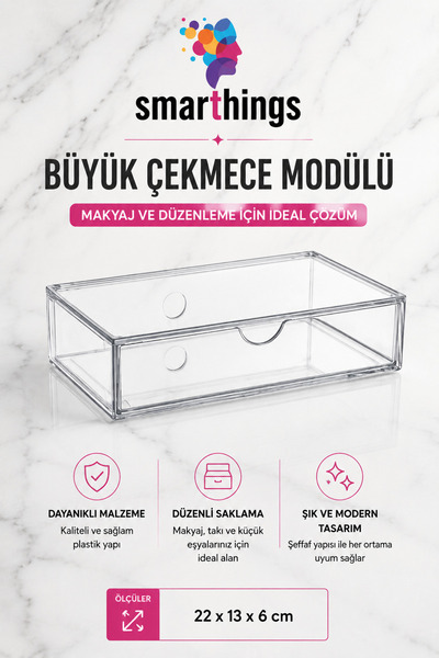 Şeffaf Makyaj Çekmece Modülü Kozmetik, Takı ve Aksesuar Düzenleyici Organizer 22 x 13 x 6 cm