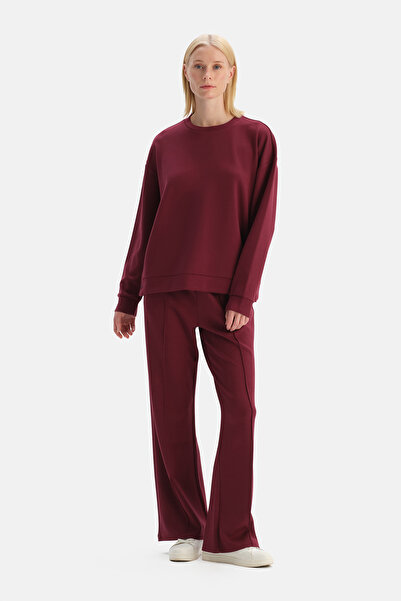 Dagi Burgundy Ribbed Detailed Drawstring Trousers