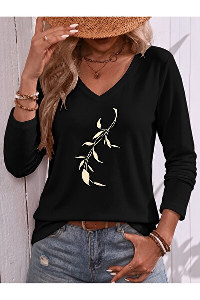 Deocept Black Printed Cotton V-Neck Long Sleeve Blouse